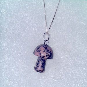 Boho natural pink and black Rhodonite Mushroom Silver Neckl…